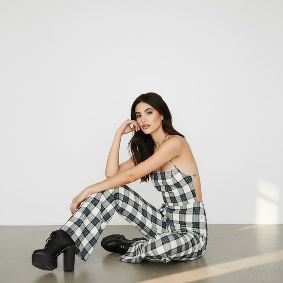 Pants - Plaid Cutout Jumpsuit - turquoise & White